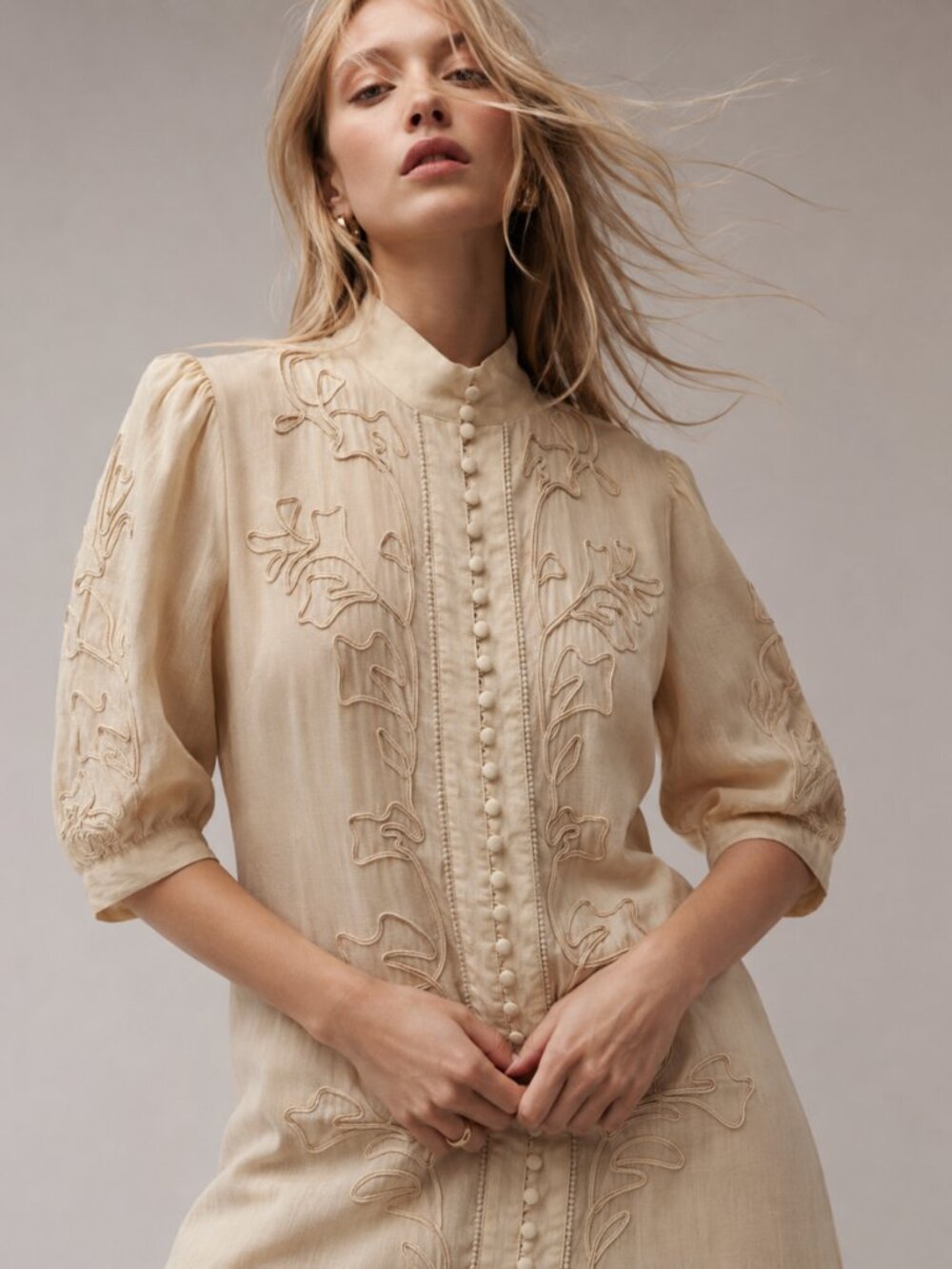 G.D.S Ella Rodrigues Linen Embroidered Midi Dress Banana Yellow Size L